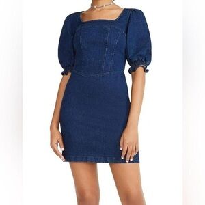 Betsey Johnson Puff-Sleeve Dark Denim Wash Mini Dress Retro Pinup Chic Size M